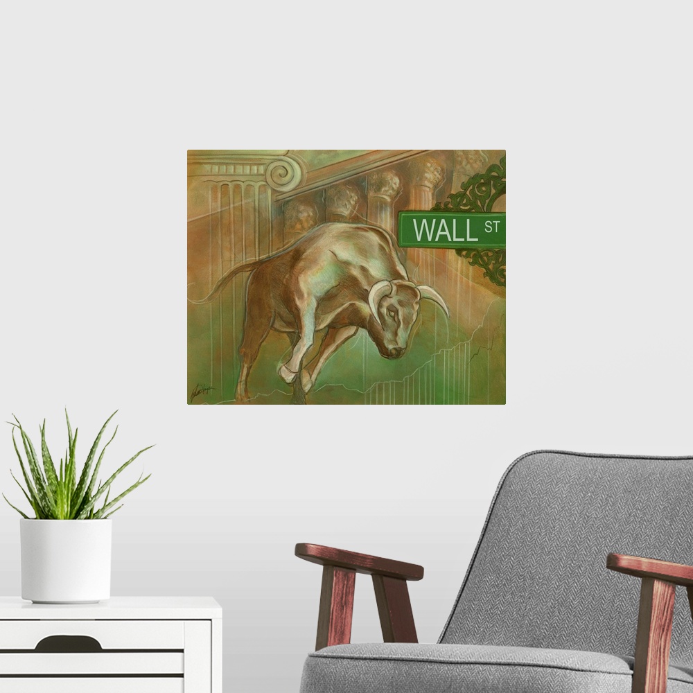 A modern room featuring Big canvas painting of a bull running on top of financial district pillars and a Wall Street sign...