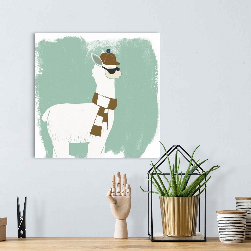 A bohemian room featuring A hipster llama wearing a brown scarf against a distressed mint background fills this decorative ...