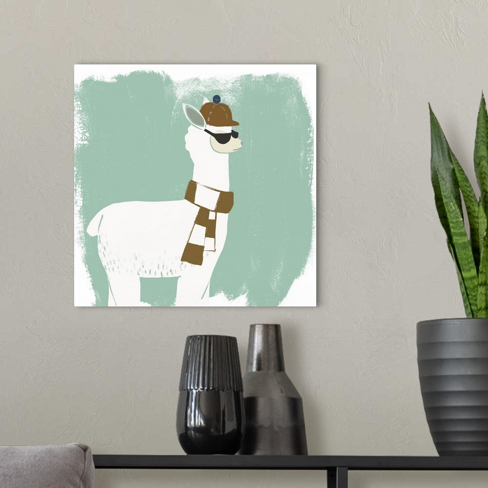 A modern room featuring A hipster llama wearing a brown scarf against a distressed mint background fills this decorative ...