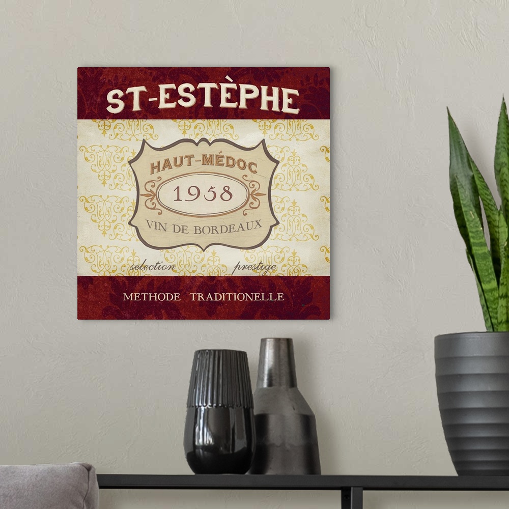 A modern room featuring Contemporary artwork of a vintage stylized wine bottle label.