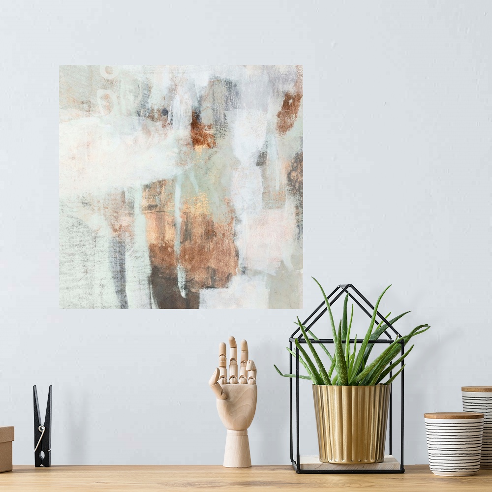A bohemian room featuring Contemporary abstract painting with white, mint, and copper brushstrokes.