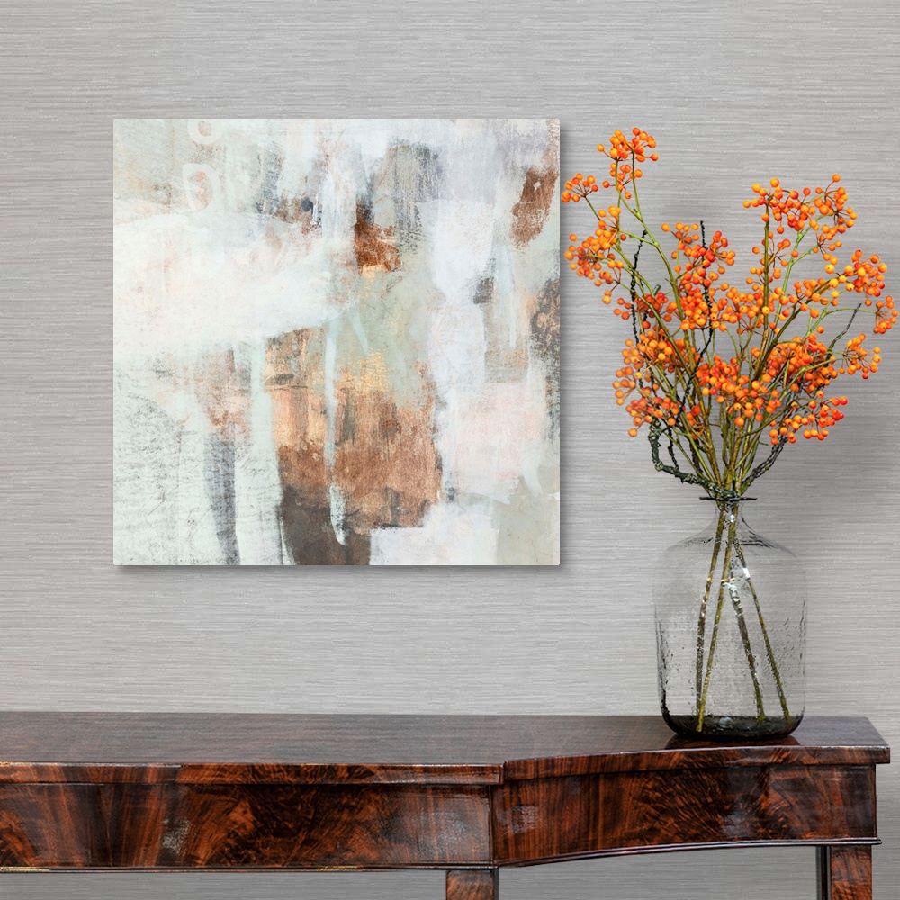 A traditional room featuring Contemporary abstract painting with white, mint, and copper brushstrokes.
