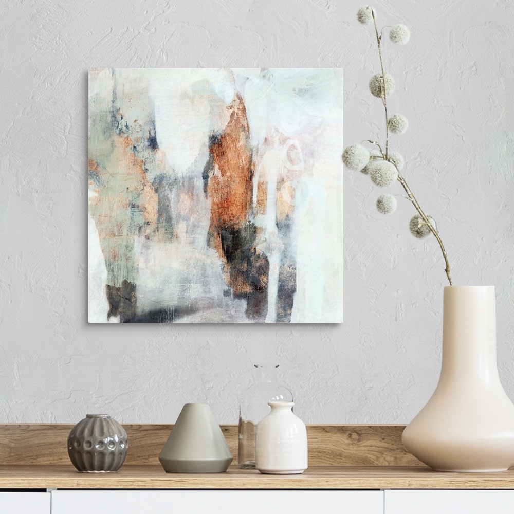 A farmhouse room featuring Contemporary abstract painting with white, mint, and copper brushstrokes.