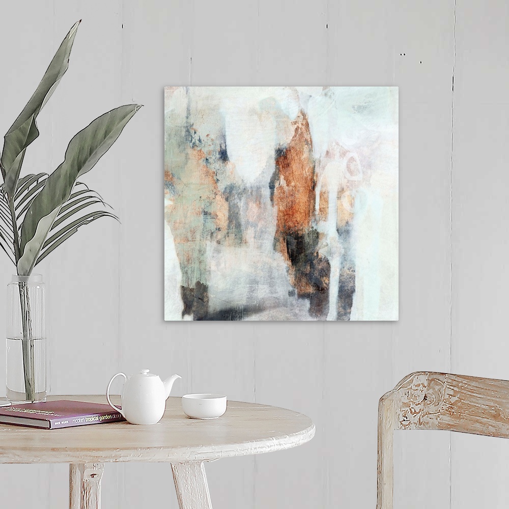 A farmhouse room featuring Contemporary abstract painting with white, mint, and copper brushstrokes.
