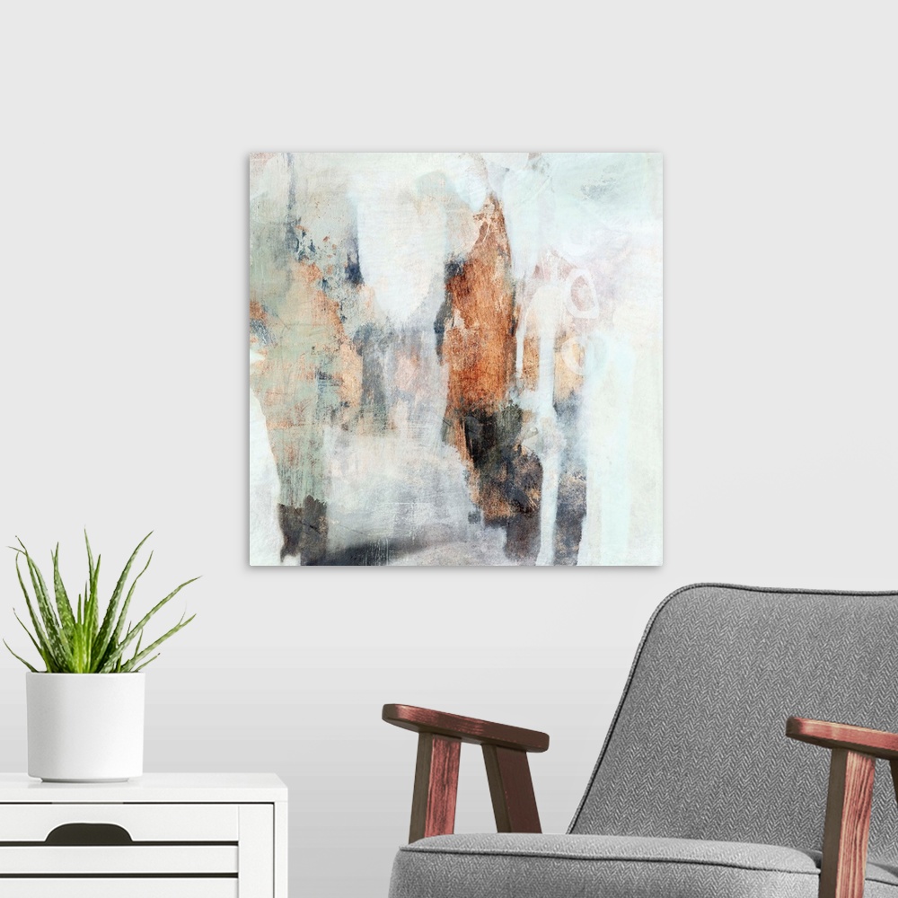 A modern room featuring Contemporary abstract painting with white, mint, and copper brushstrokes.