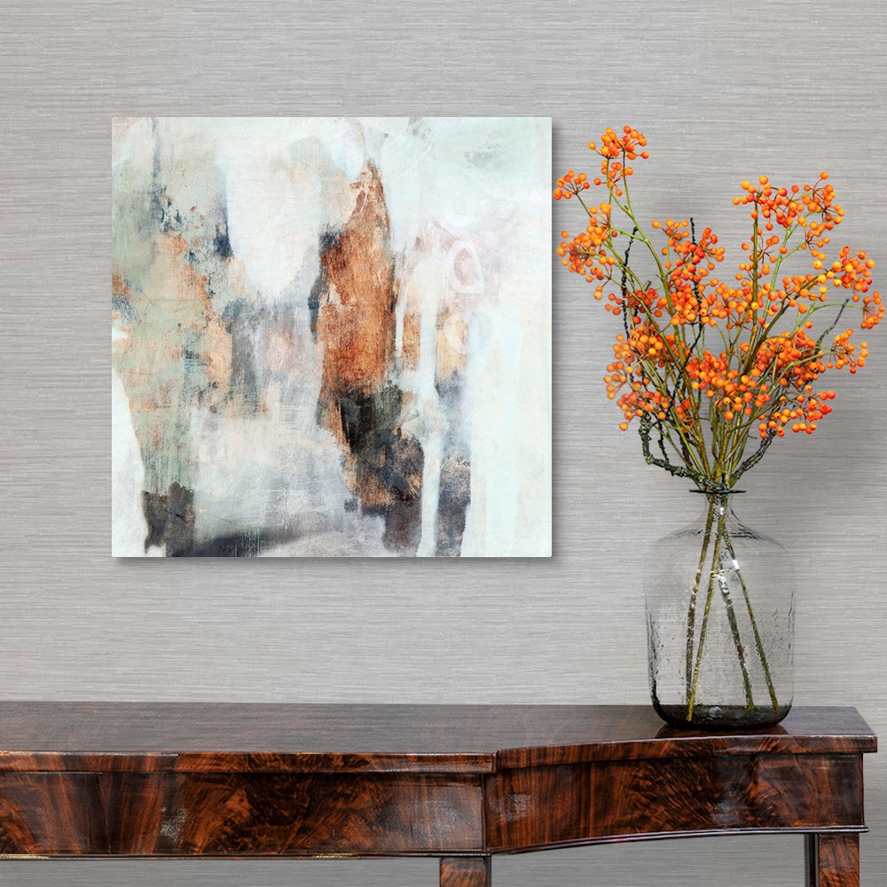 A traditional room featuring Contemporary abstract painting with white, mint, and copper brushstrokes.