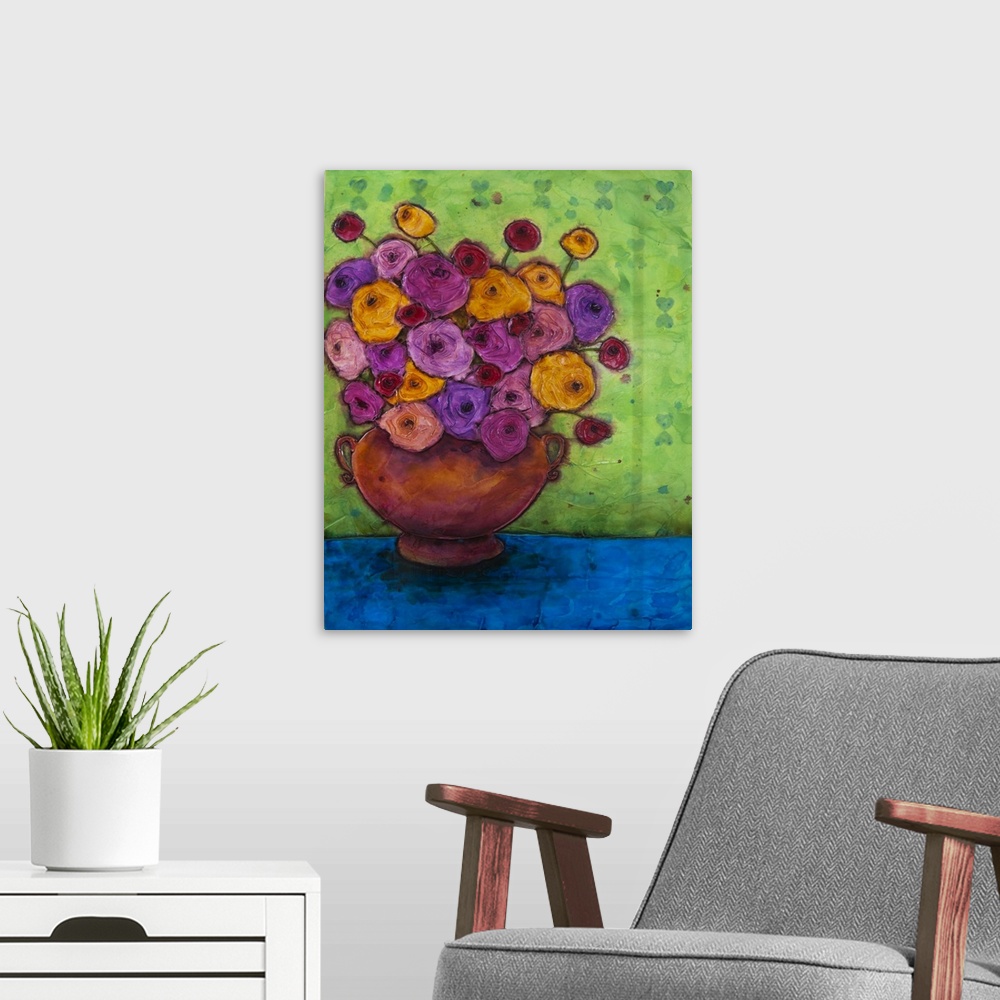 A modern room featuring A painting of a red vase holding a bouquet of purple and yellow flowers.