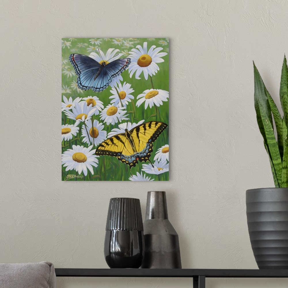 A modern room featuring Contemporary painting of two swallowtail butterflies perching on daisy flowers.