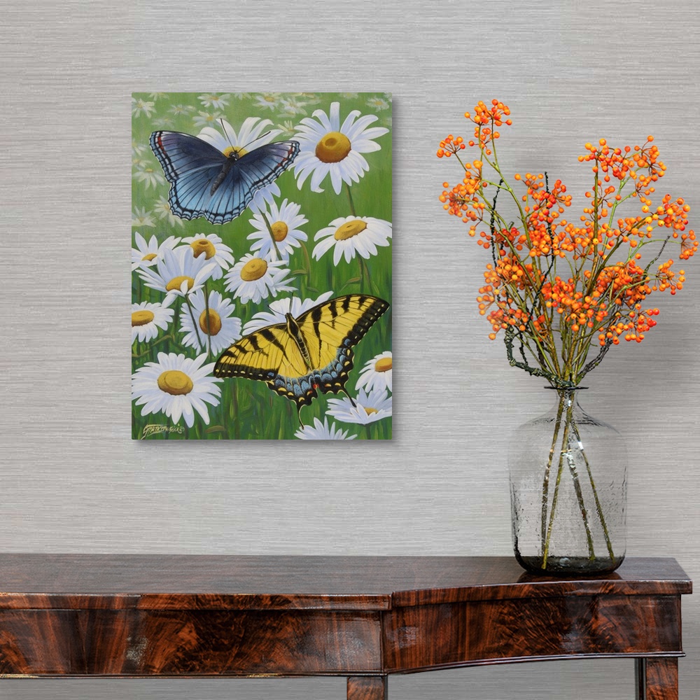 A traditional room featuring Contemporary painting of two swallowtail butterflies perching on daisy flowers.