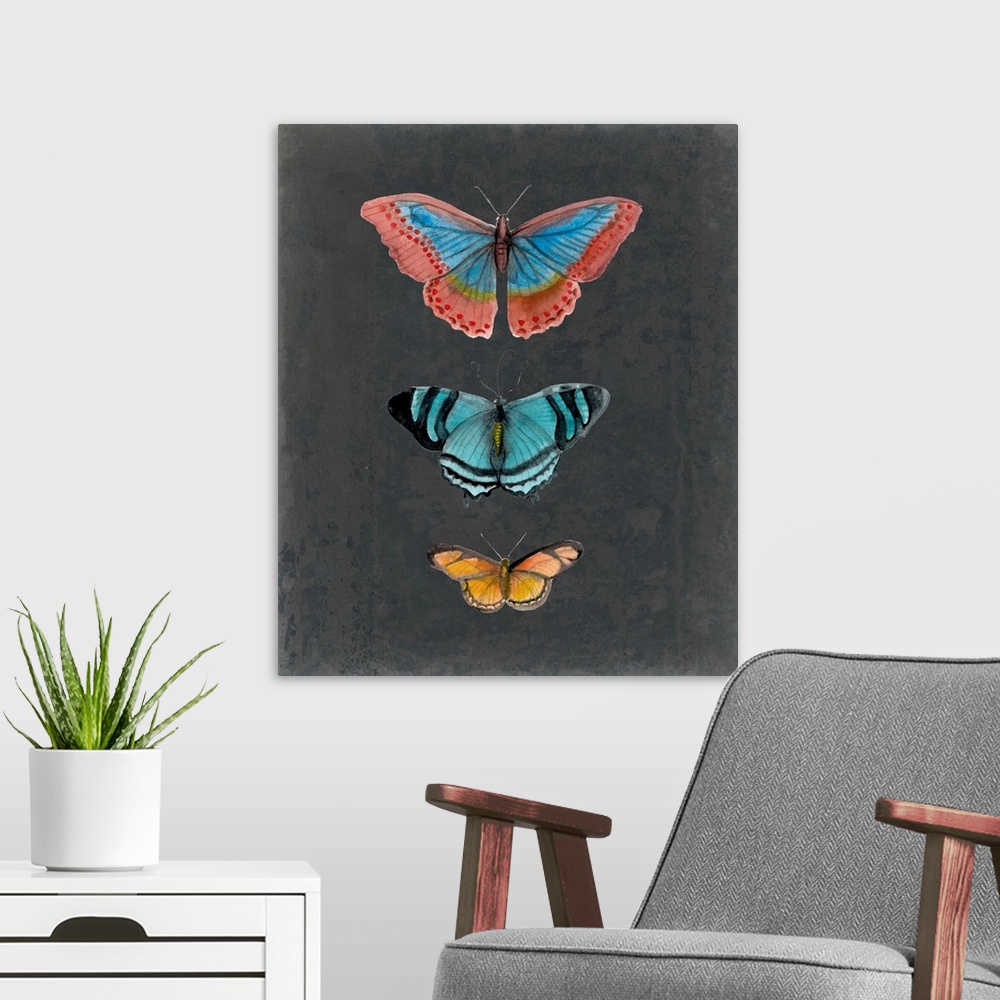 A modern room featuring Butterflies on Slate III