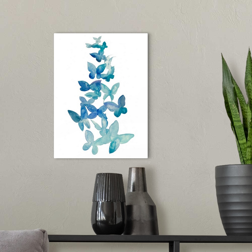 A modern room featuring Blue watercolor butterflies ascending against a white background.