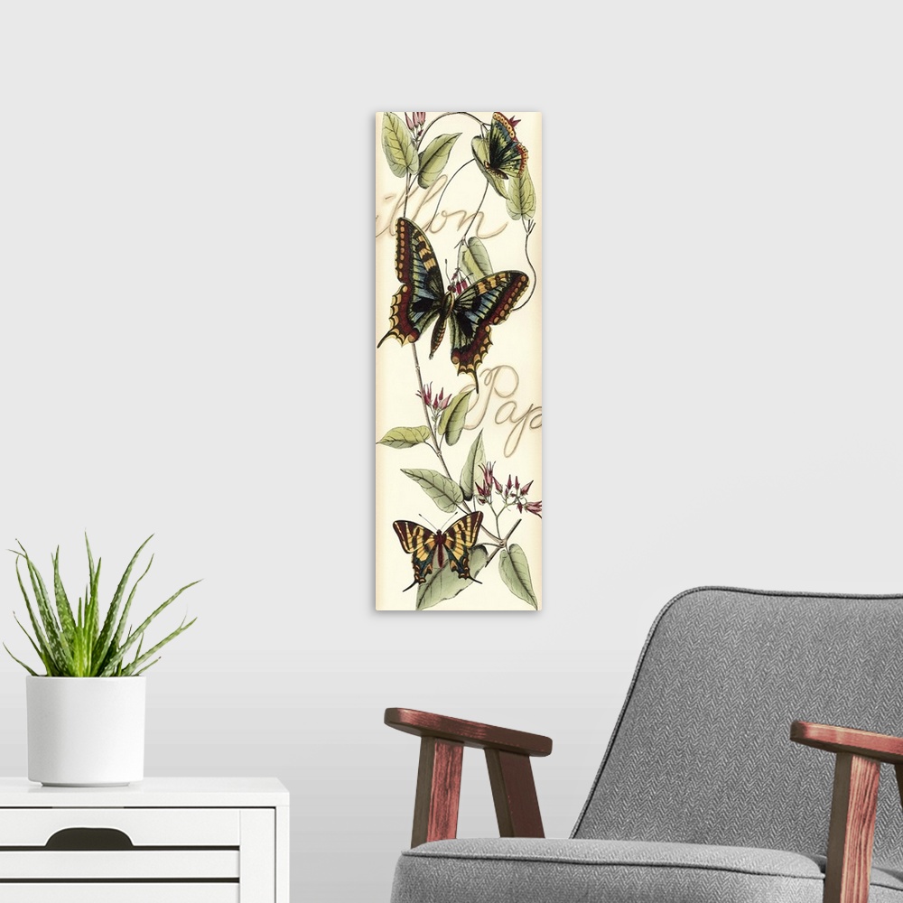A modern room featuring Contemporary artwork of a vintage style butterfly illustration with script in the background.