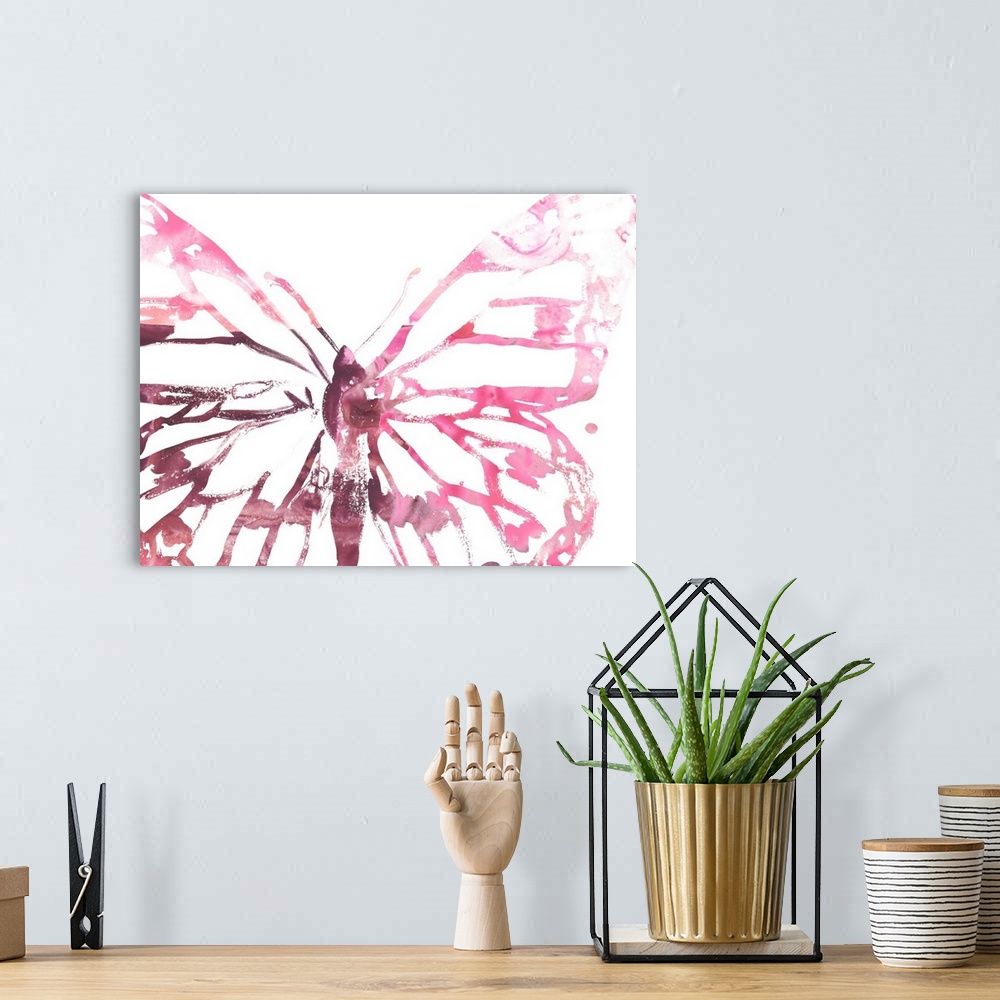 A bohemian room featuring An abstracted painted image of a butterfly in shades of hot pink and burgundy on a white backgrou...
