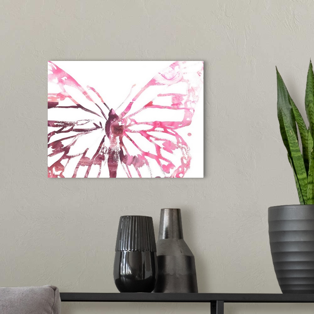 A modern room featuring An abstracted painted image of a butterfly in shades of hot pink and burgundy on a white backgrou...