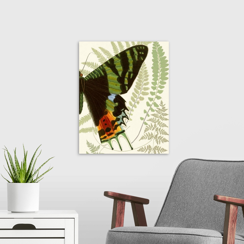 A modern room featuring A contemporary piece of artwork of a vintage stylized butterfly displaying of half of the butterfly.