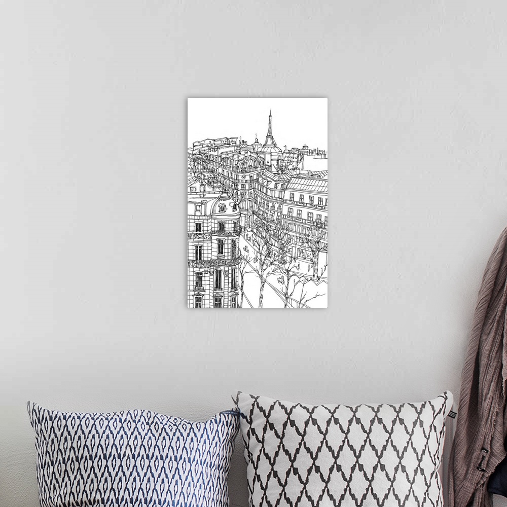 A bohemian room featuring Illustrated cityscape of Paris with a view of the Eiffel Tower and urban buildings.