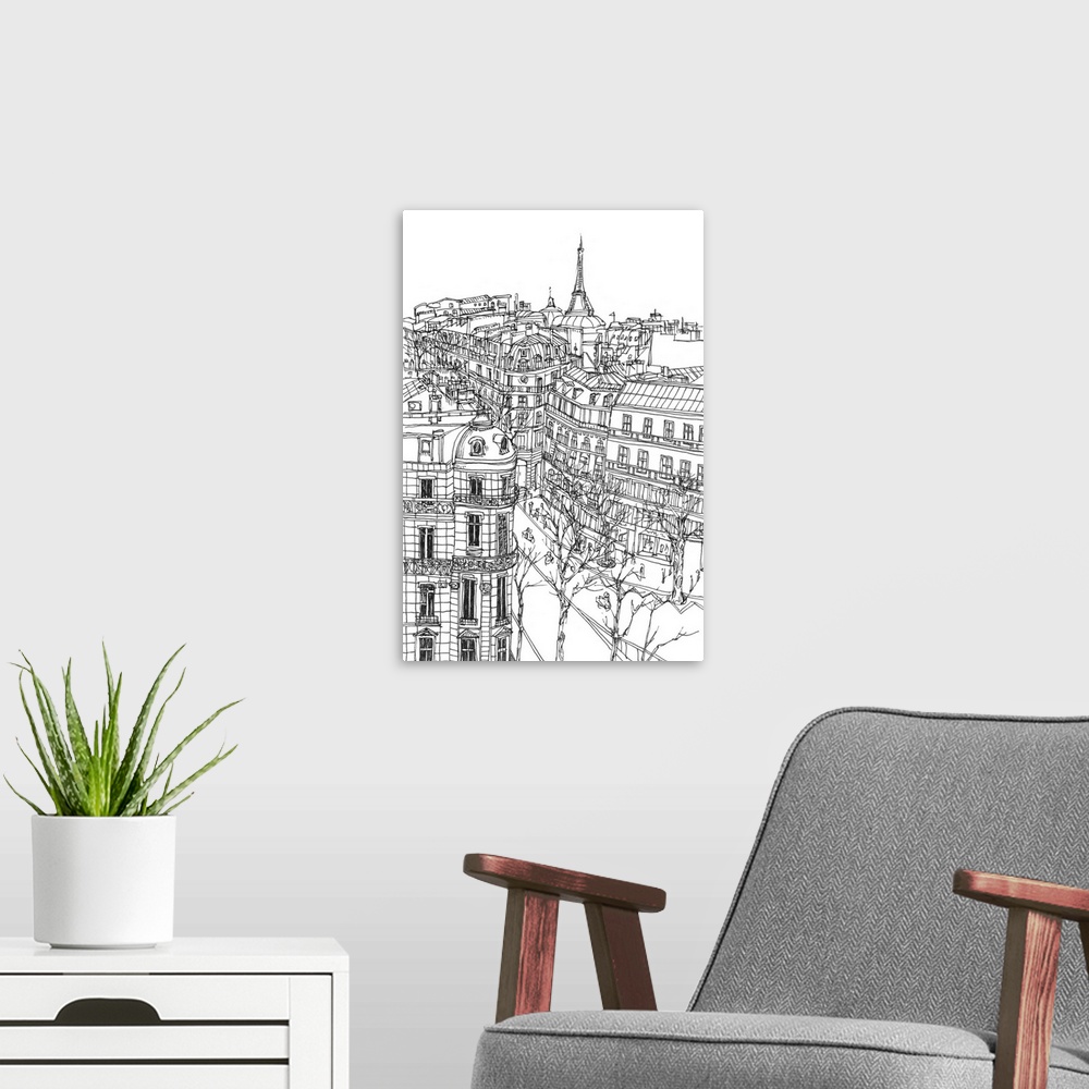 A modern room featuring Illustrated cityscape of Paris with a view of the Eiffel Tower and urban buildings.