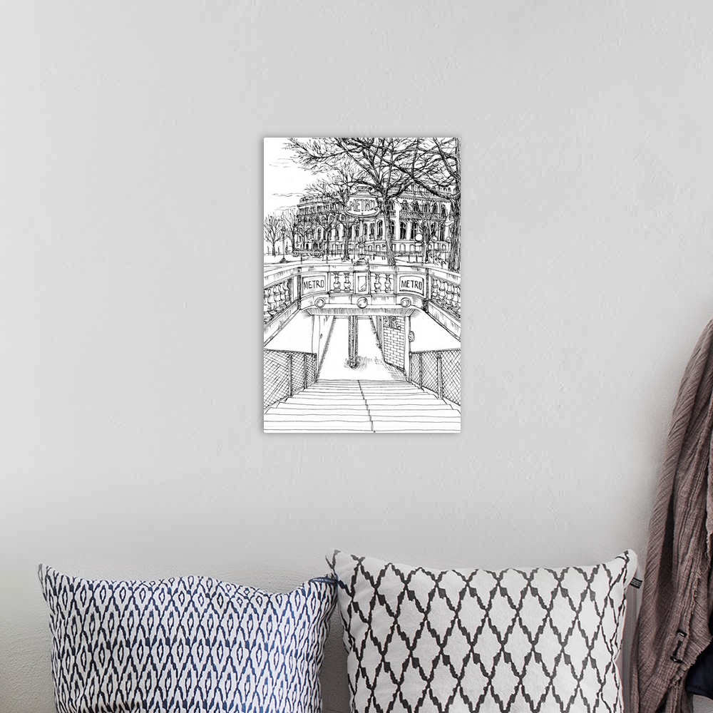 A bohemian room featuring Illustrated cityscape of Paris with a view of the Metro tunnel.