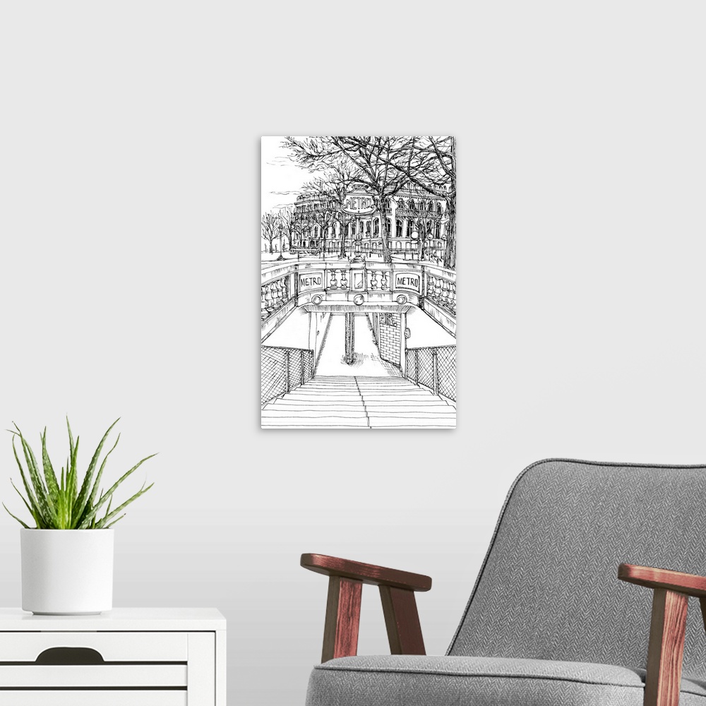 A modern room featuring Illustrated cityscape of Paris with a view of the Metro tunnel.