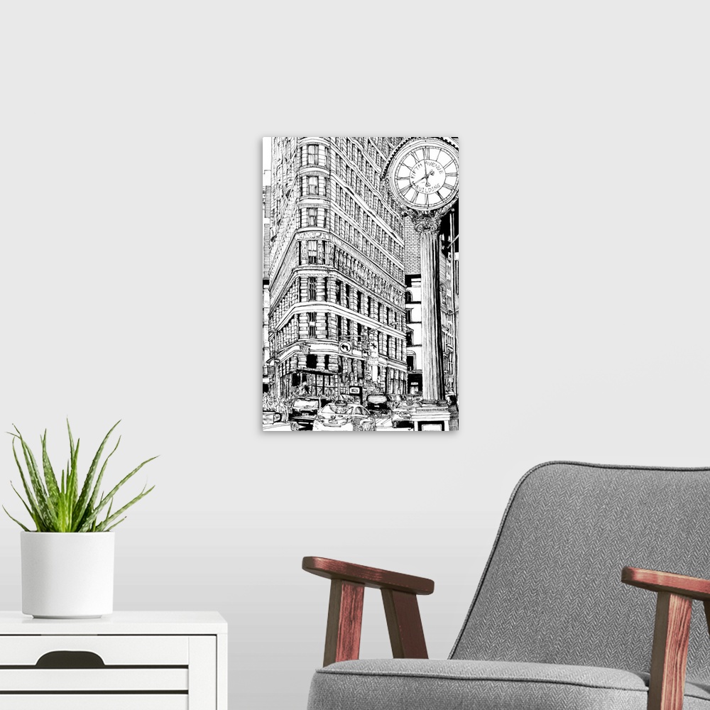 A modern room featuring Illustrated cityscape of New York City with taxi cabs and a street clock.