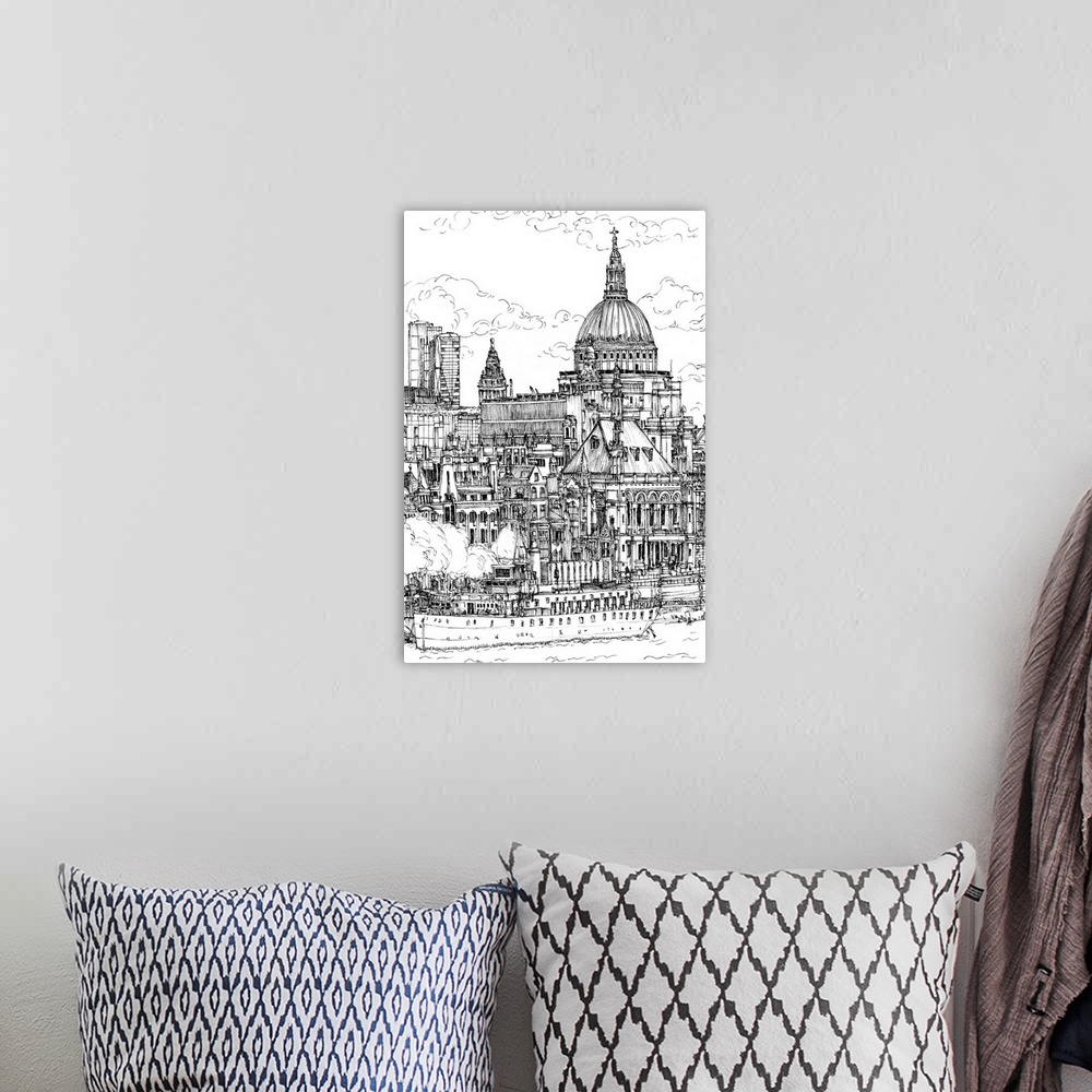A bohemian room featuring Illustrated cityscape with historic buildings and a ferry.