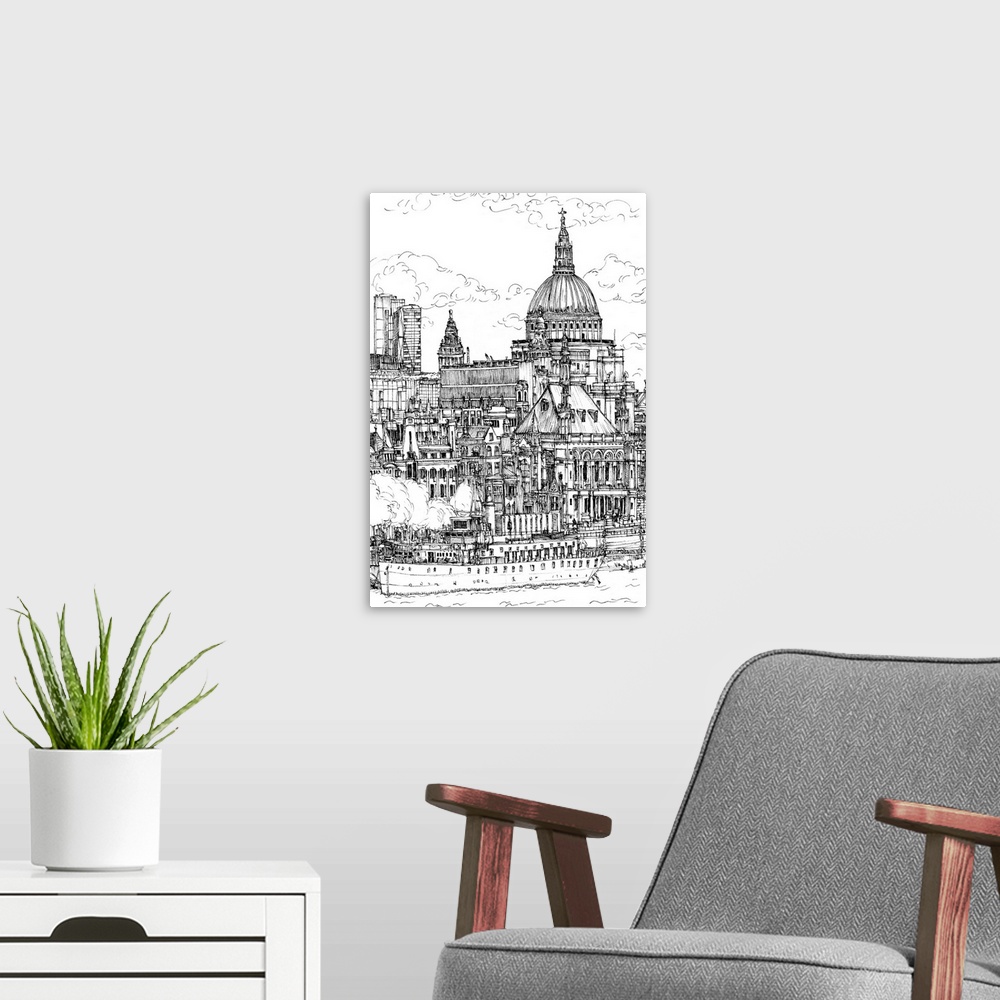 A modern room featuring Illustrated cityscape with historic buildings and a ferry.