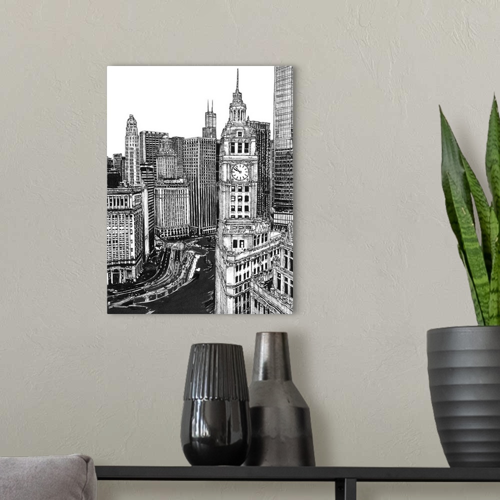 A modern room featuring B&W Us Cityscape-Chicago