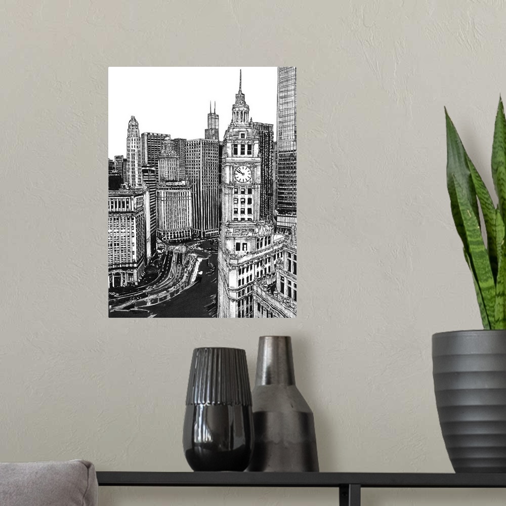 A modern room featuring B&W Us Cityscape-Chicago