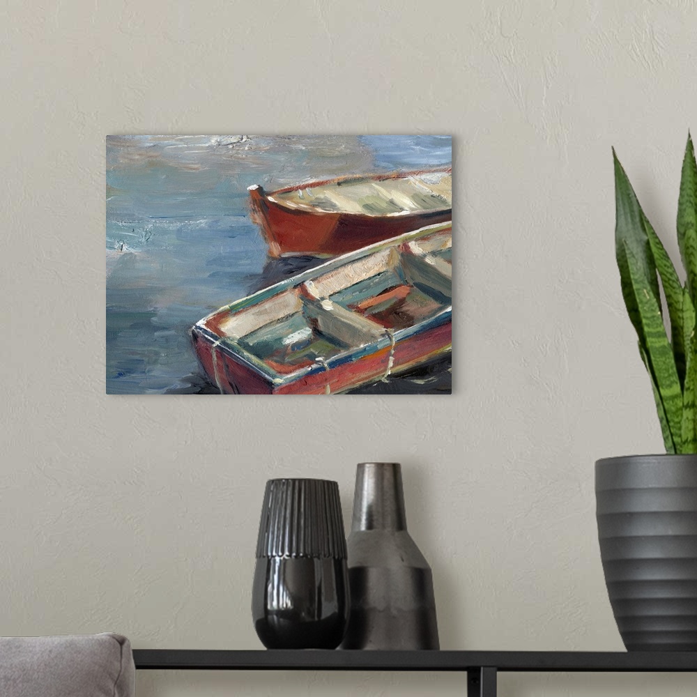 A modern room featuring Contemporary painting of red rowboats sitting on the water.