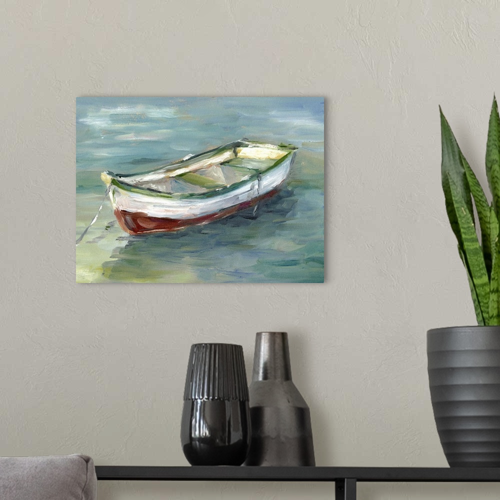A modern room featuring Contemporary painting of red rowboats sitting on the water.