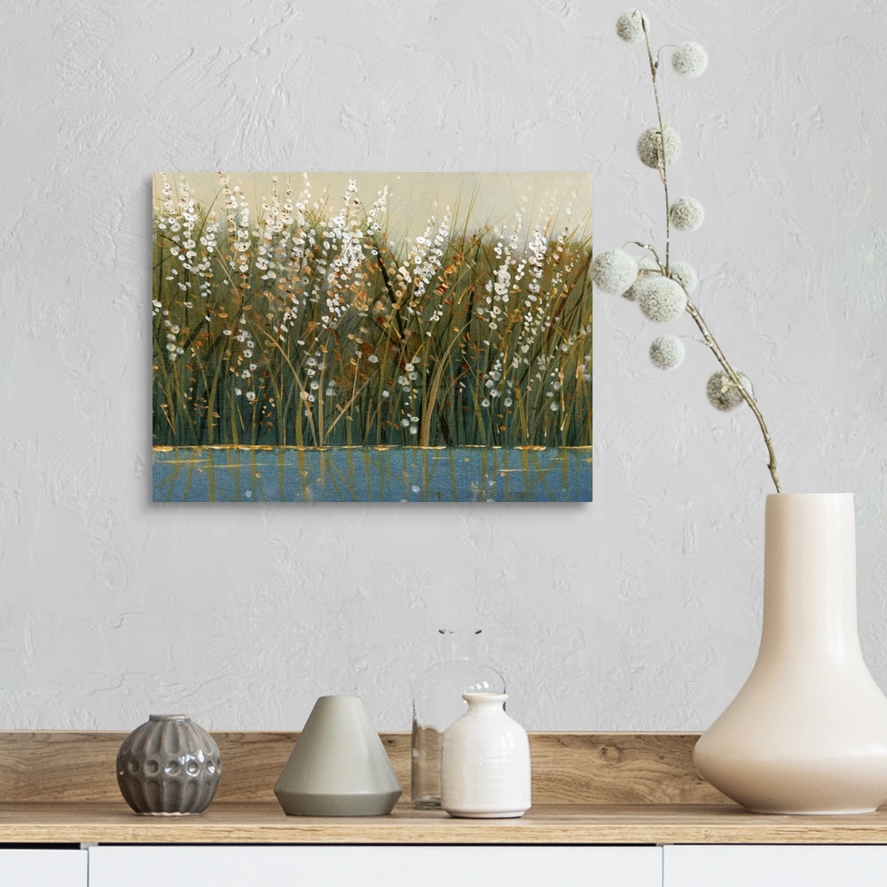 A farmhouse room featuring Contemporary painting of wild flowering grasses by the water.