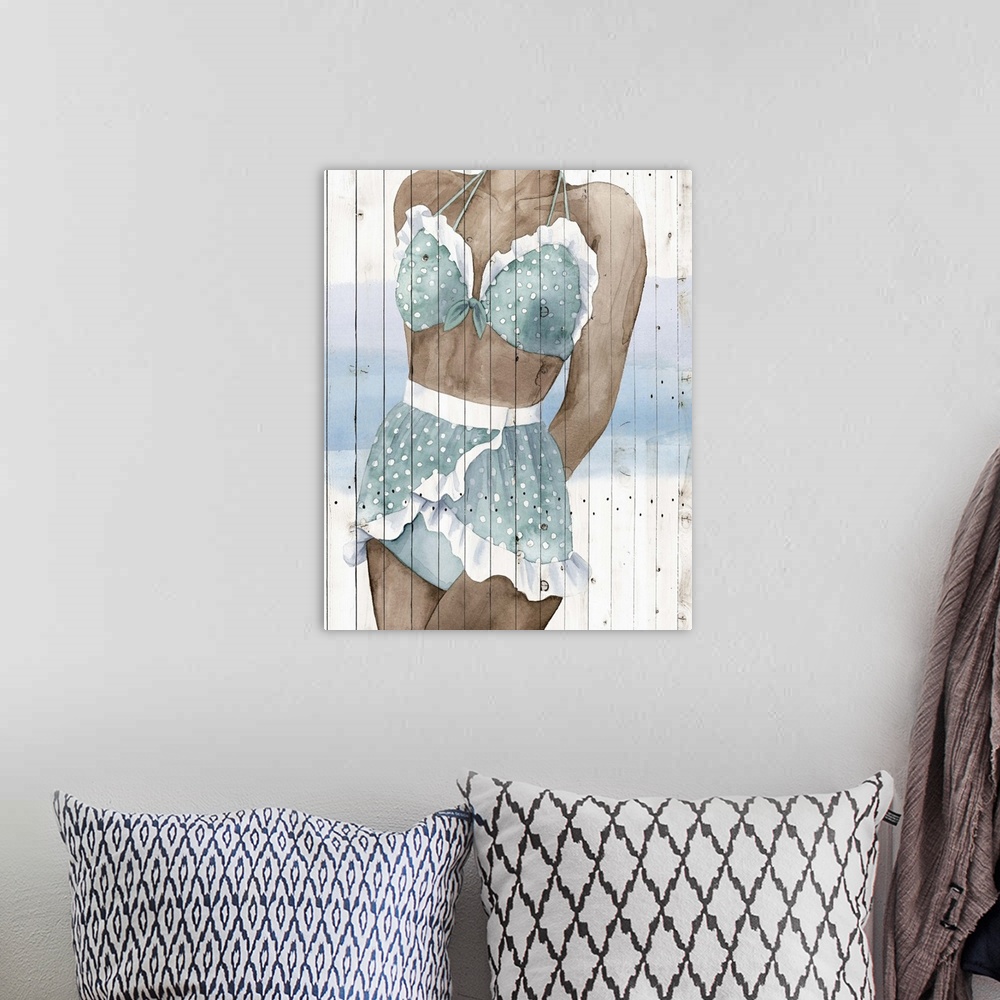 A bohemian room featuring Mid-height portrait of a woman wearing a vintage bathing suit on a board background.
