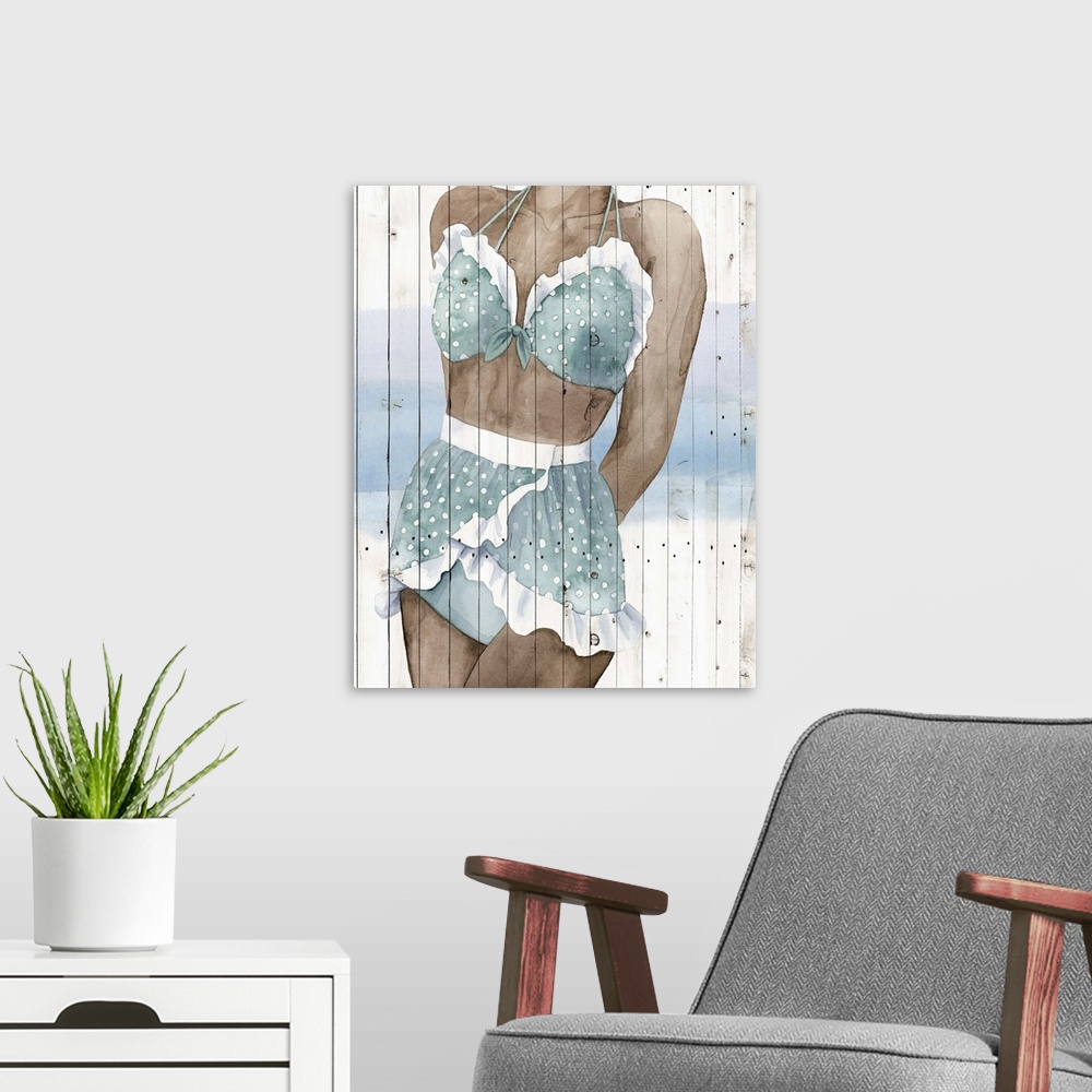 A modern room featuring Mid-height portrait of a woman wearing a vintage bathing suit on a board background.