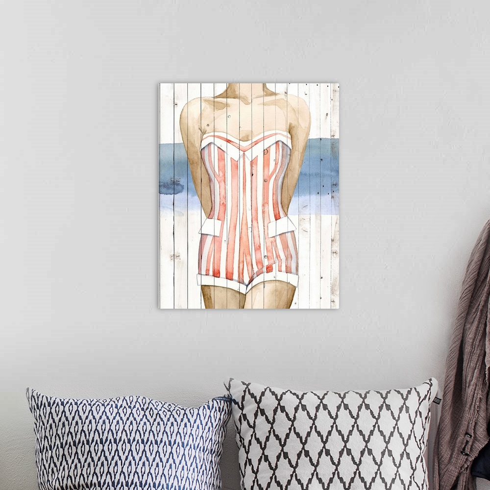 A bohemian room featuring Mid-height portrait of a woman wearing a vintage bathing suit on a board background.