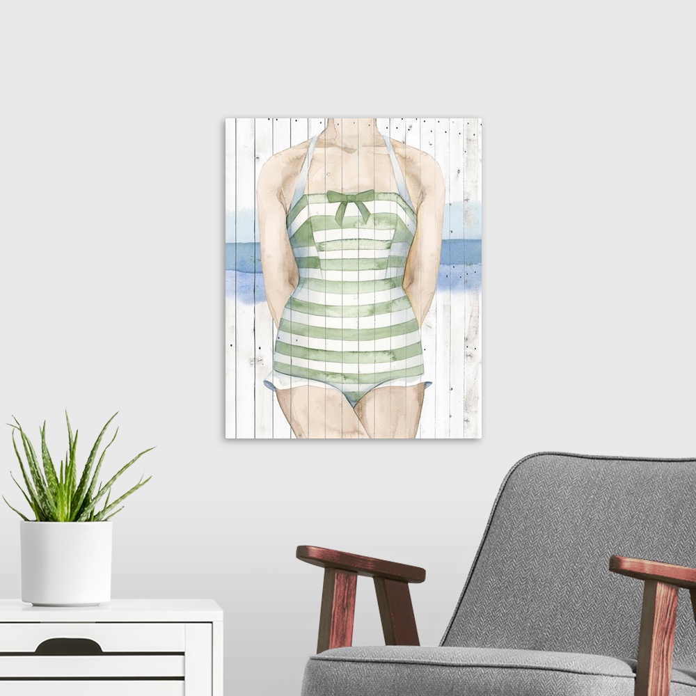 A modern room featuring Mid-height portrait of a woman wearing a vintage bathing suit on a board background.