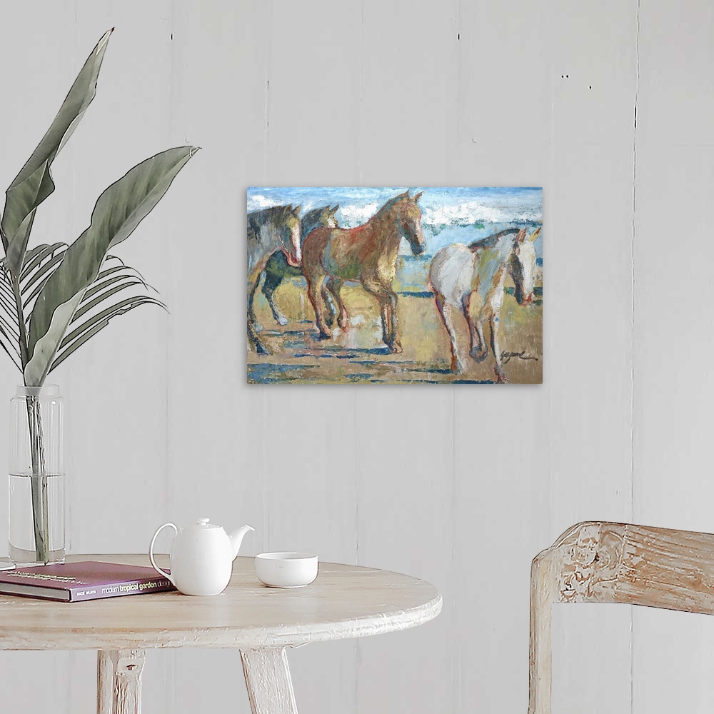 A farmhouse room featuring Contemporary art print of a herd of horses trotting along the beach.