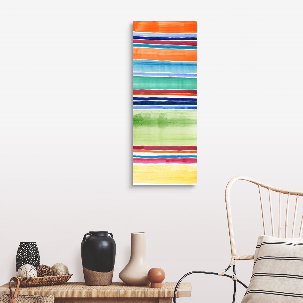 A farmhouse room featuring Abstract art print of horizontal stripes in tropical rainbow colors.