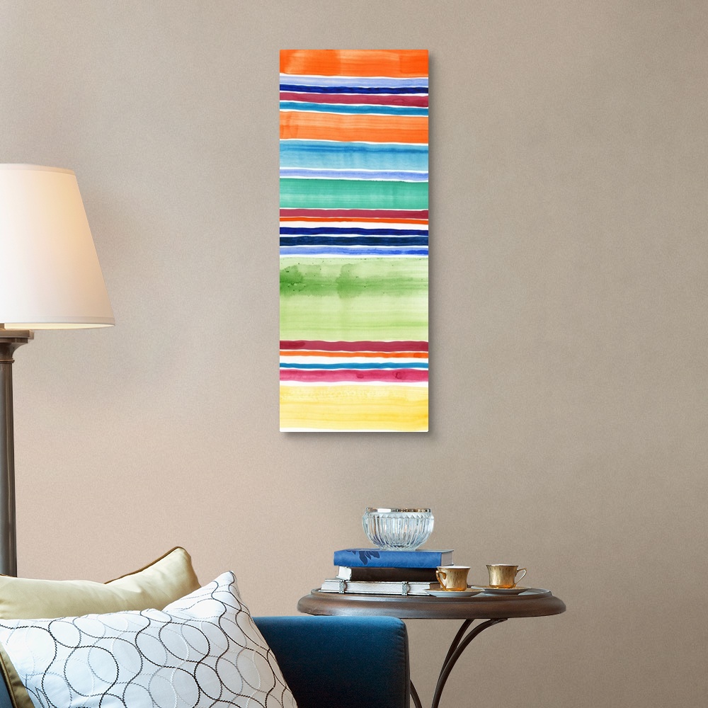 A traditional room featuring Abstract art print of horizontal stripes in tropical rainbow colors.