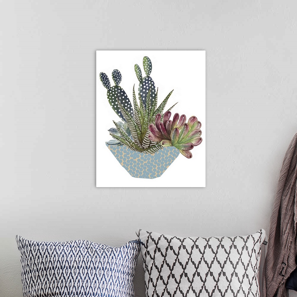 A bohemian room featuring Illustration of an arrangement of cactus and succulent plants in a dotted bowl.