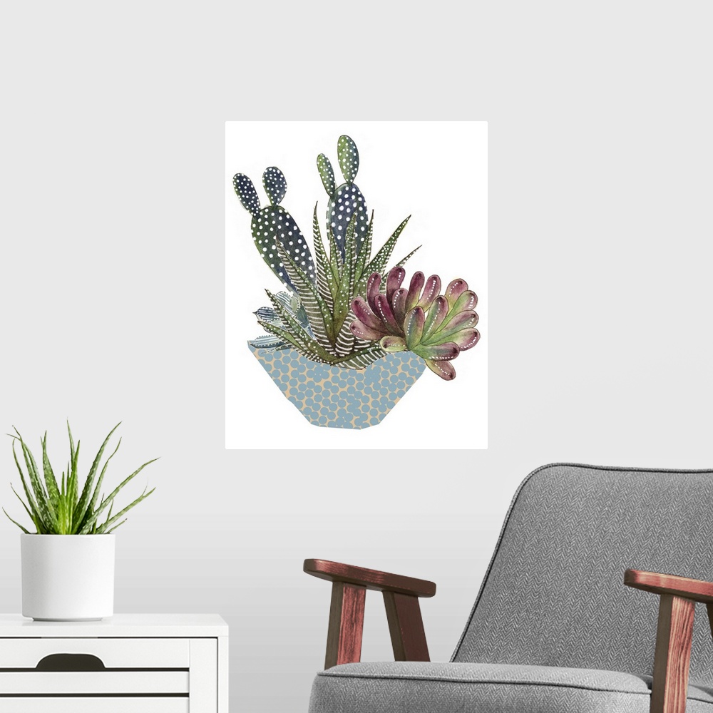 A modern room featuring Illustration of an arrangement of cactus and succulent plants in a dotted bowl.