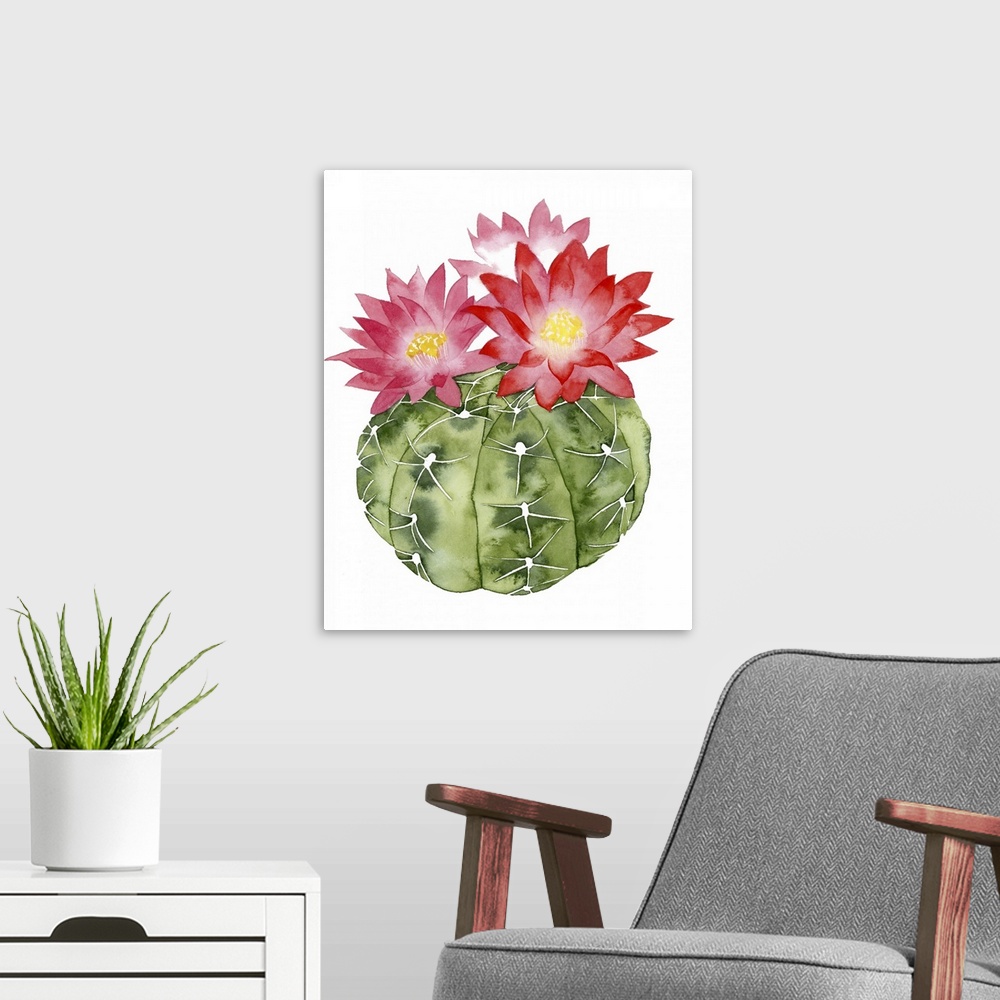 A modern room featuring Watercolor painting of a round cactus with blooming red flowers.