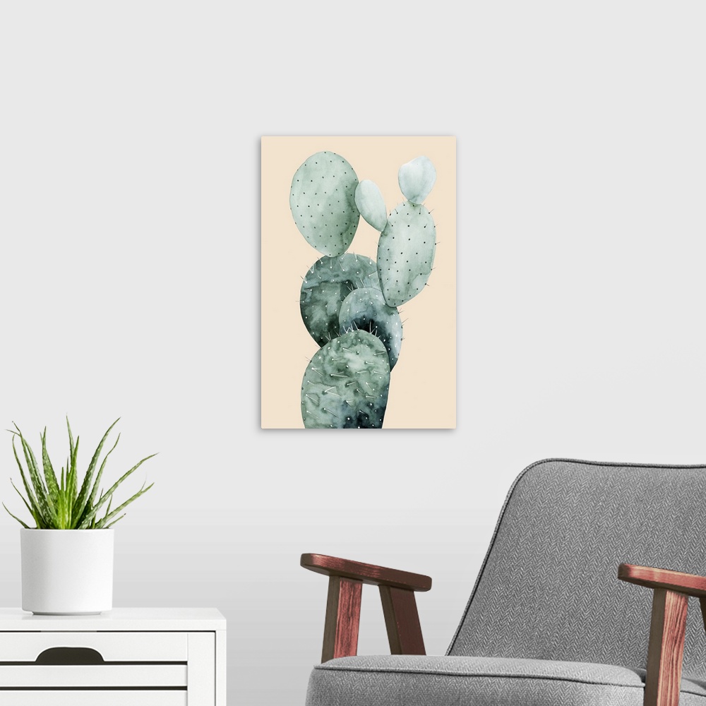A modern room featuring Watercolor painting of a cactus on a pale coral background.