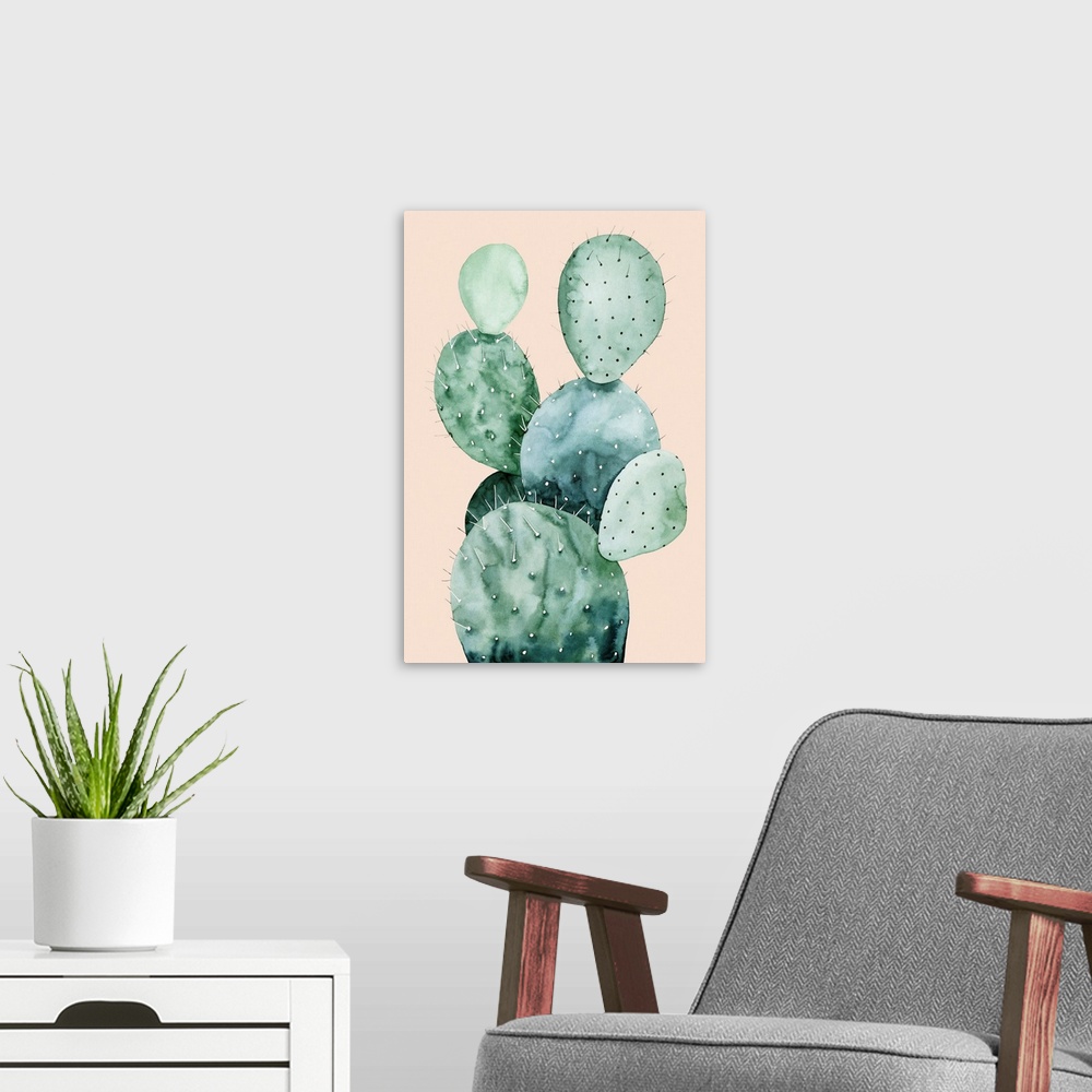 A modern room featuring Watercolor painting of a cactus on a pale coral background.
