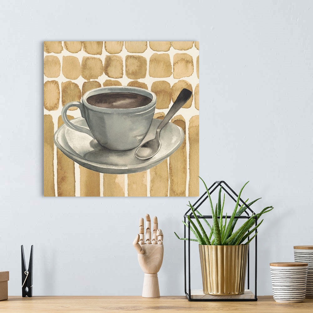 A bohemian room featuring Watercolor artwork of a cup of coffee and a spoon sitting on a saucer.
