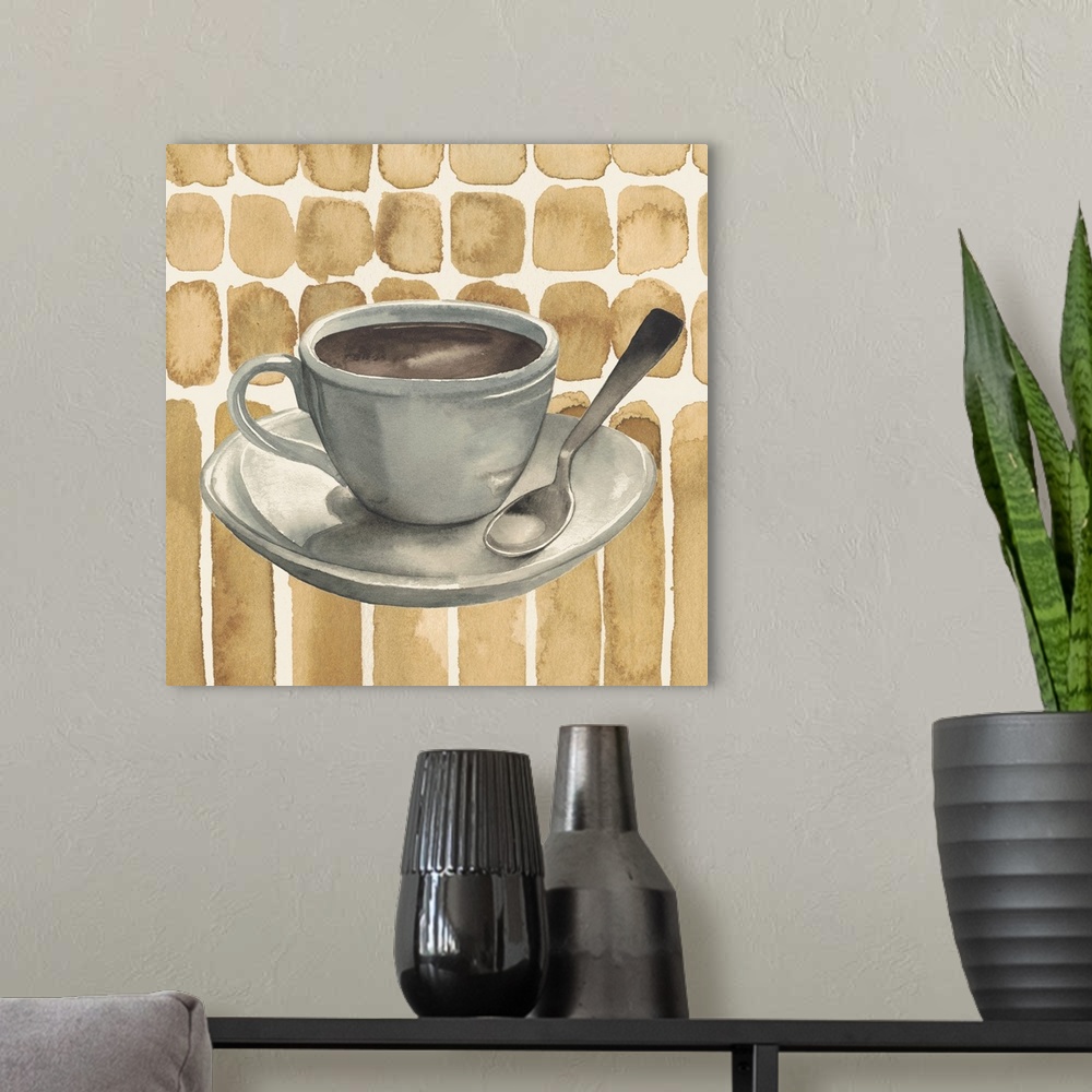 A modern room featuring Watercolor artwork of a cup of coffee and a spoon sitting on a saucer.