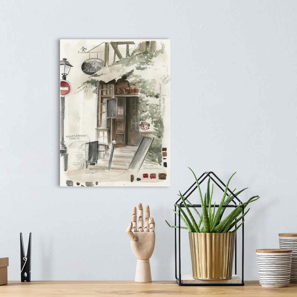 A bohemian room featuring Watercolor painting of the outside of a restaurant with swatches and notes from the artist on the...