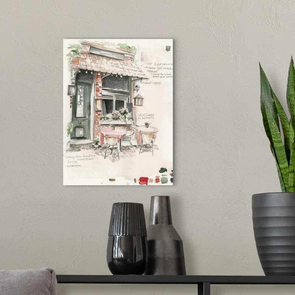 A modern room featuring Watercolor painting of the outside of a restaurant with swatches and notes from the artist on the...