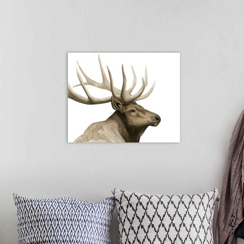 A bohemian room featuring Contemporary watercolor painting of an elk.