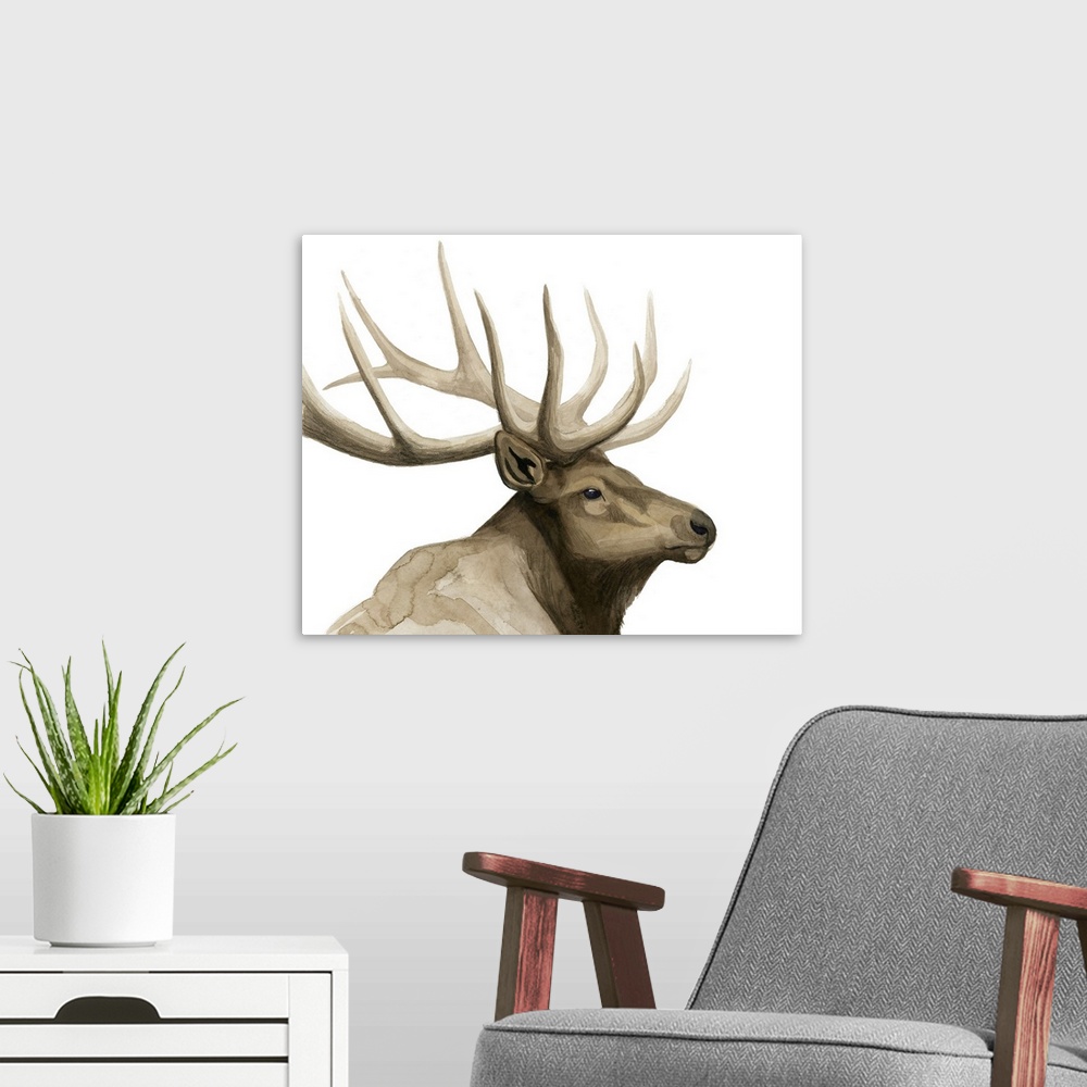 A modern room featuring Contemporary watercolor painting of an elk.