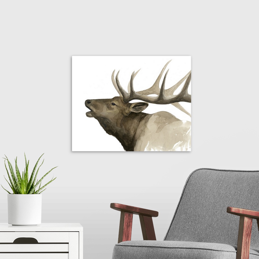 A modern room featuring Contemporary watercolor painting of an elk.